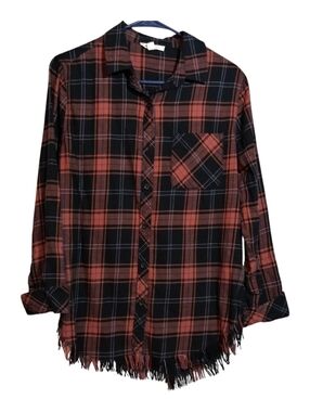 Beach Lunch Lounge Elyse Plaid Button Front Shirt Frayed Hem Size XS